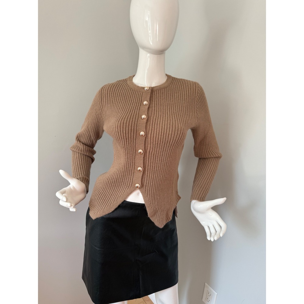Commense Ribbed Knit Cardigan Sweater Gold Button Front Fitted‎ Long Sleeve Top